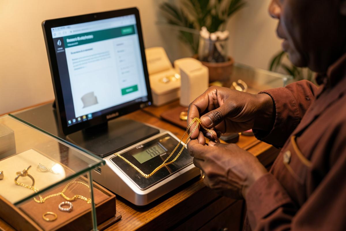 Jeweller in Tanzania weighing a gold chain on a digital scale beside a point of sale screen