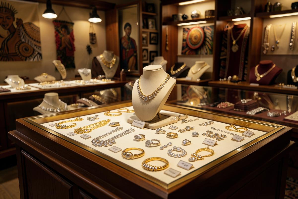 Display case of gold and silver rings, bracelets and necklaces with price tags in a Tanzanian jewellery shop