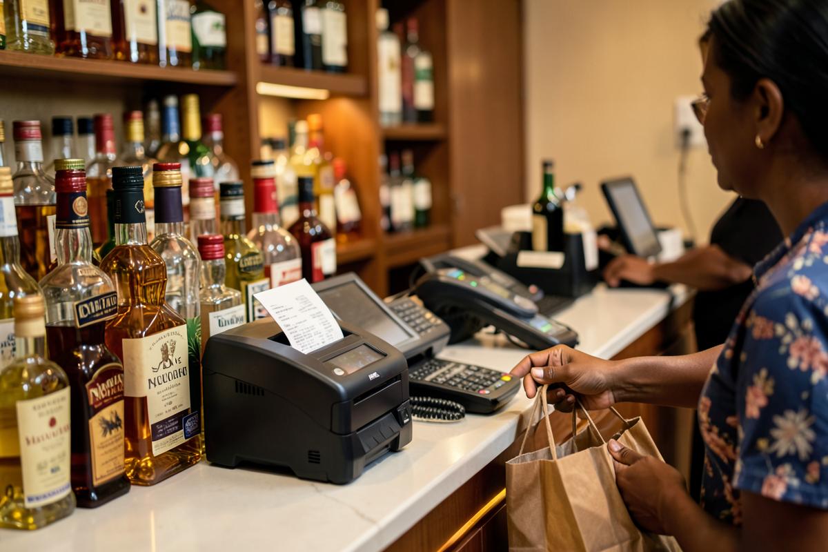 Cashier scanning a spirit bottle with a barcode scanner at a liquor store counter in Tanzania
