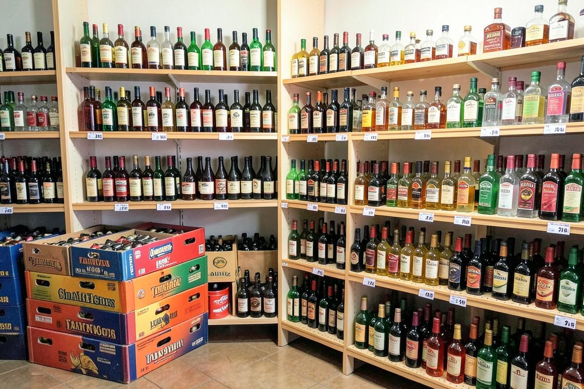 Shelves of beer, wine and spirits bottles with price labels in a Tanzanian bottle store