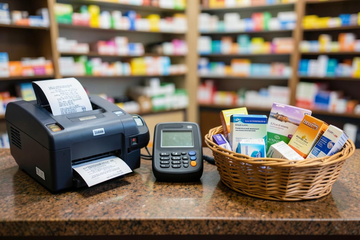Pharmacy counter in Tanzania with receipt printer, POS terminal and medicine basket