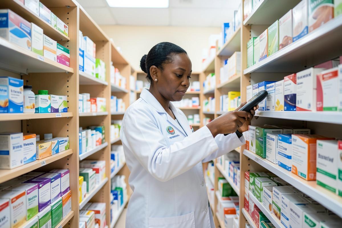 Tanzanian pharmacy staff scanning medicine boxes on shelves during stock-taking