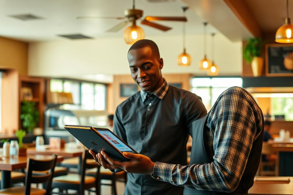 Restaurant waiter taking an order on a tablet POS system in a Tanzanian cafe