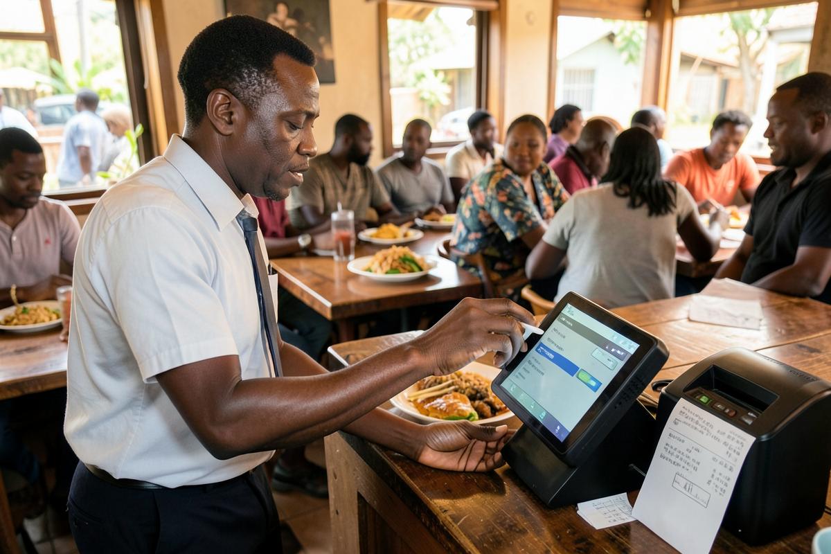 Waiter entering a table order on a touchscreen POS terminal in a Tanzanian restaurant