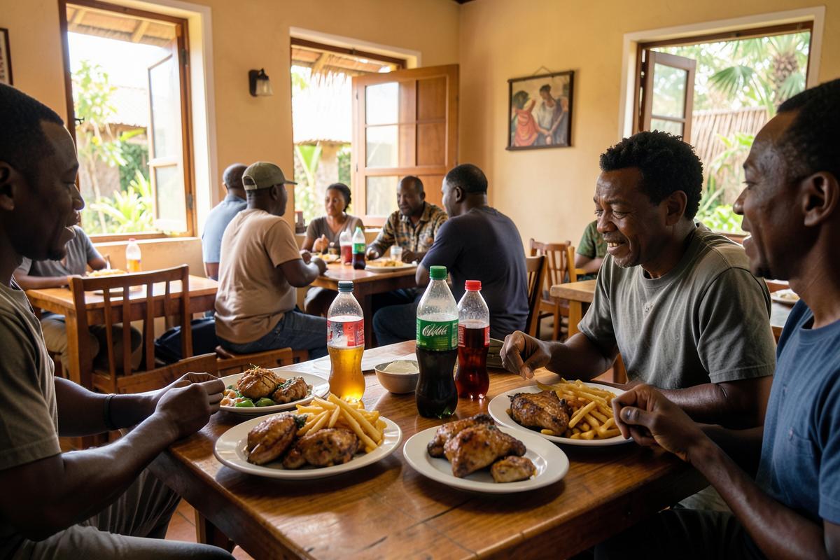 Customers enjoying a meal at a restaurant in Tanzania with plates of food and drinks on wooden tables