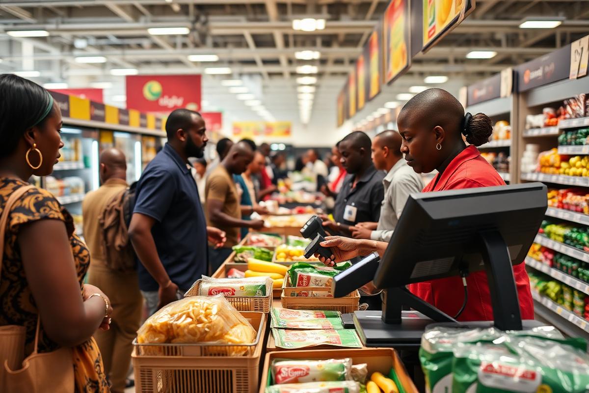 Cashier scanning groceries at a supermarket checkout in Tanzania using a POS system
