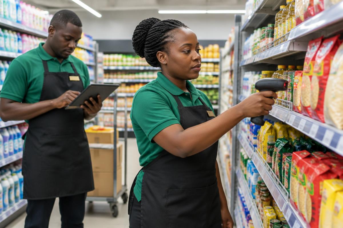 Tanzanian supermarket staff checking shelf inventory with a barcode scanner